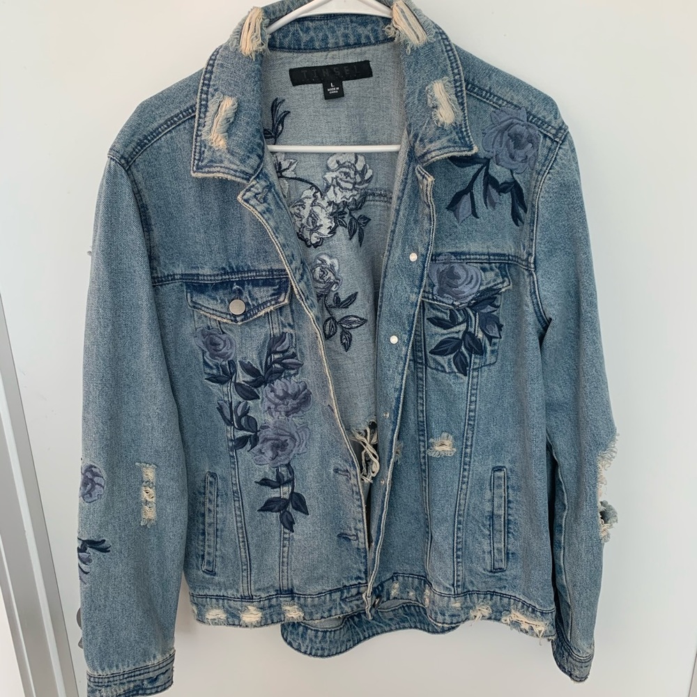 Tinsel Denim Distressed Oversized Floral Jacket